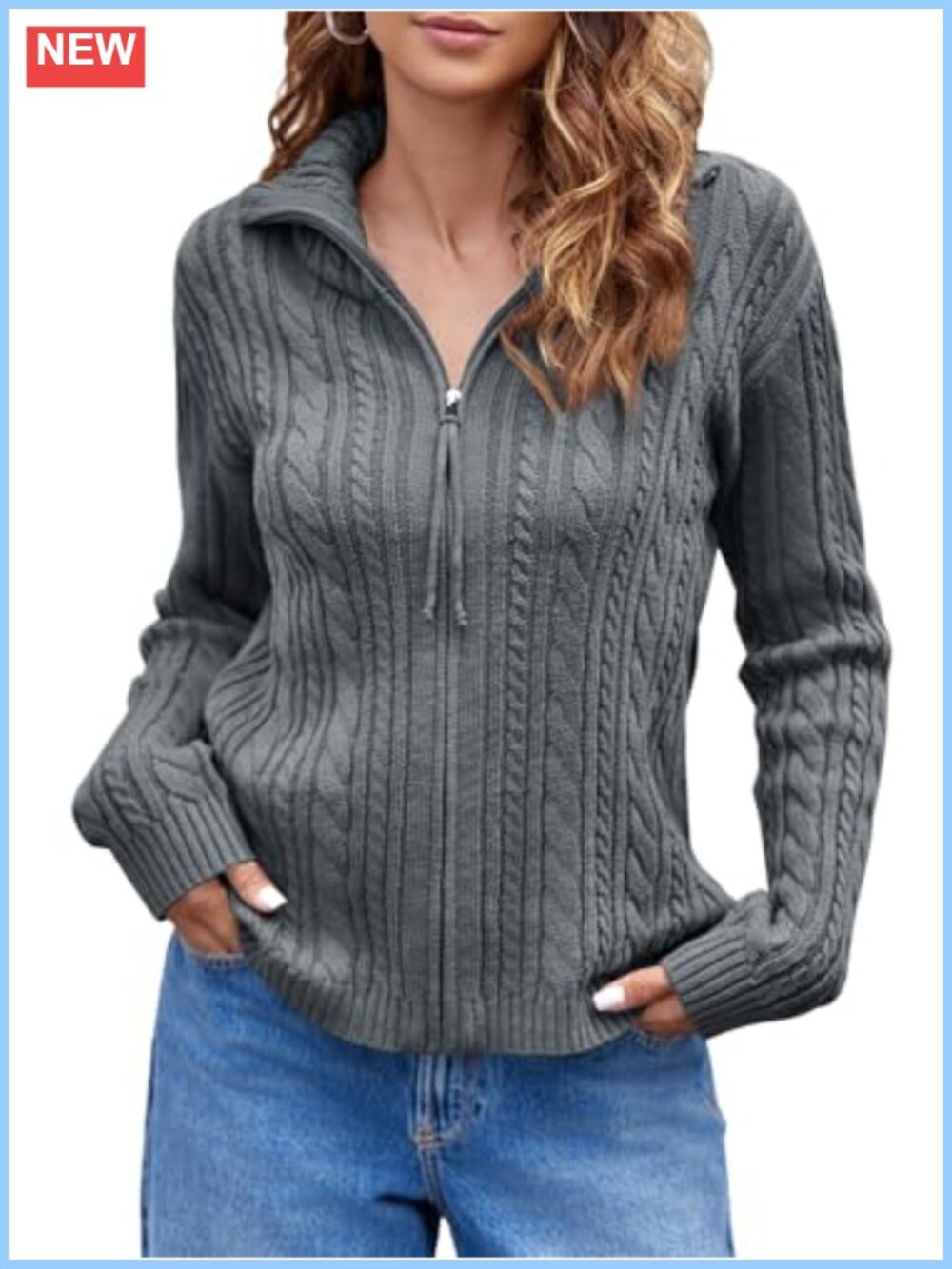 Womens Cable Knit Zip Up Cardigan Collared Long Sleeve Vintage Sweater